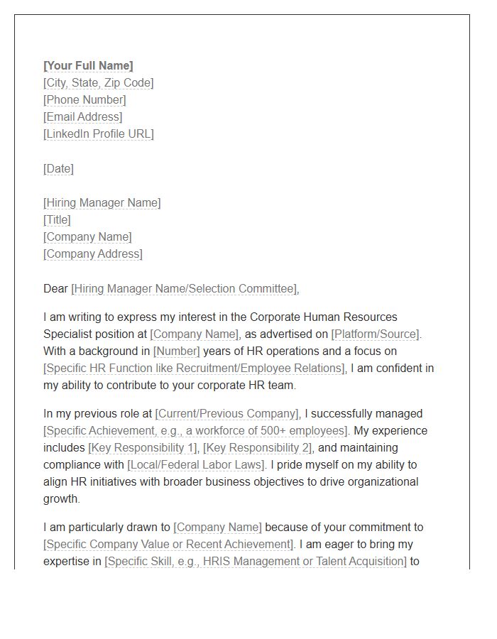 Corporate Human Resources Specialist Cover Letter Template