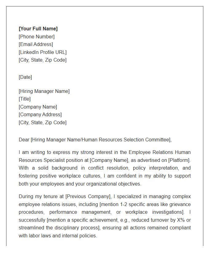 Employee Relations Human Resources Specialist Cover Letter Template