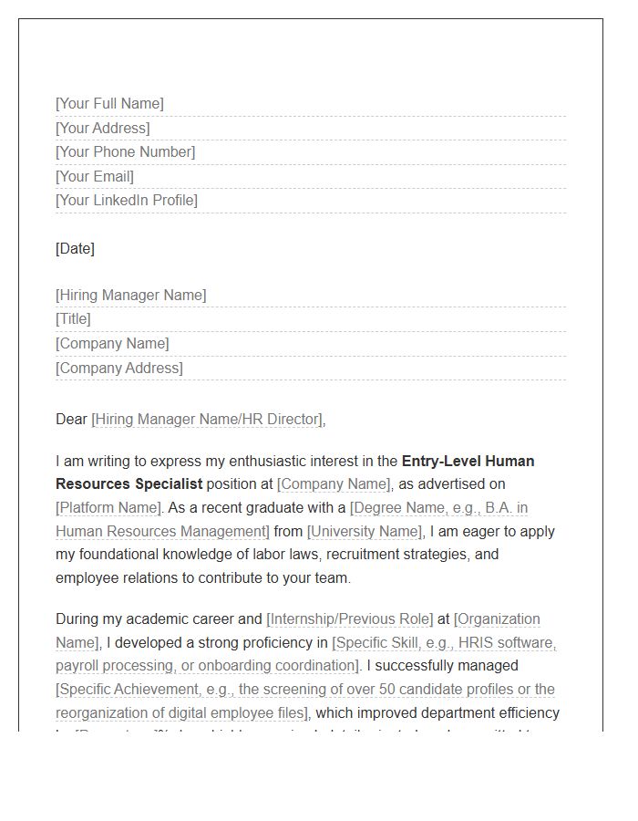 Entry Level Human Resources Specialist Cover Letter Template