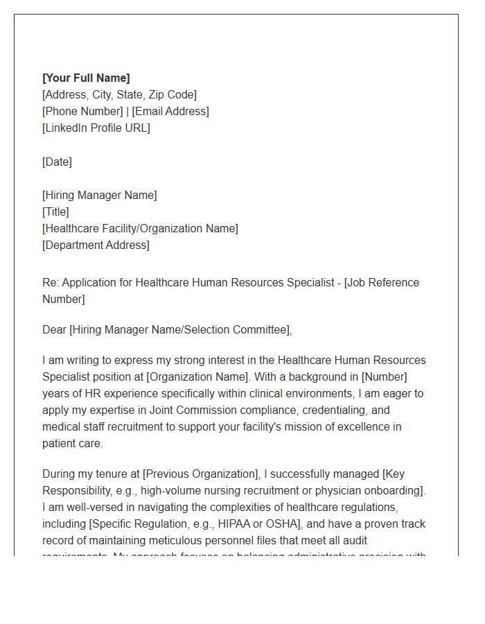 Healthcare Human Resources Specialist Cover Letter Template