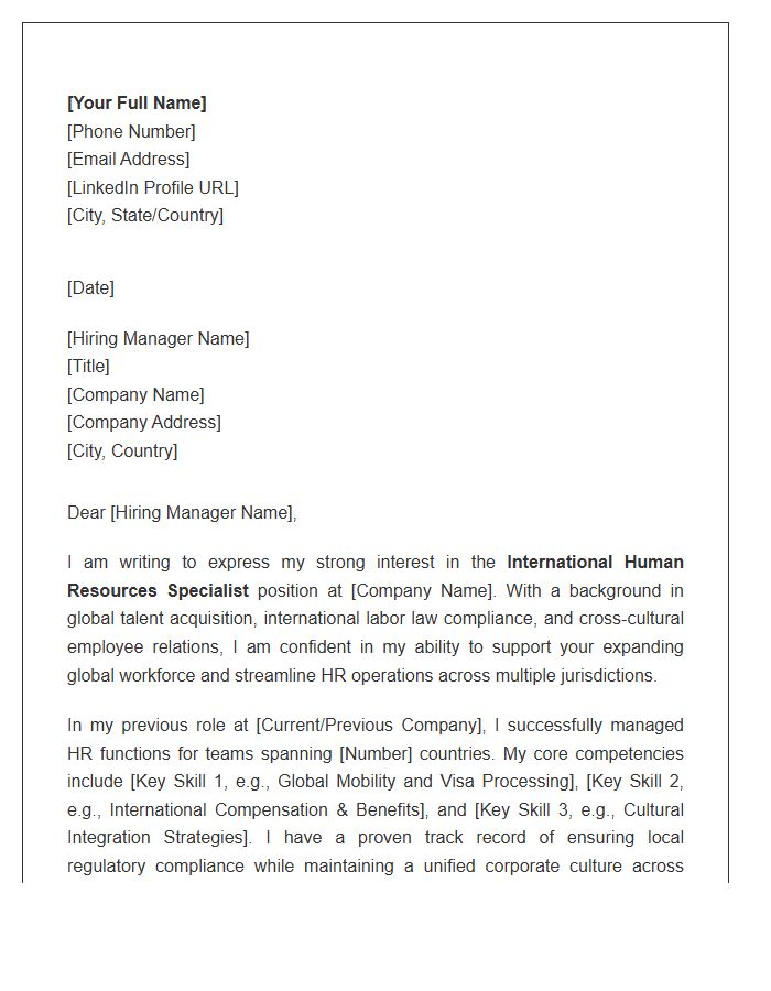 International Human Resources Specialist Cover Letter Template