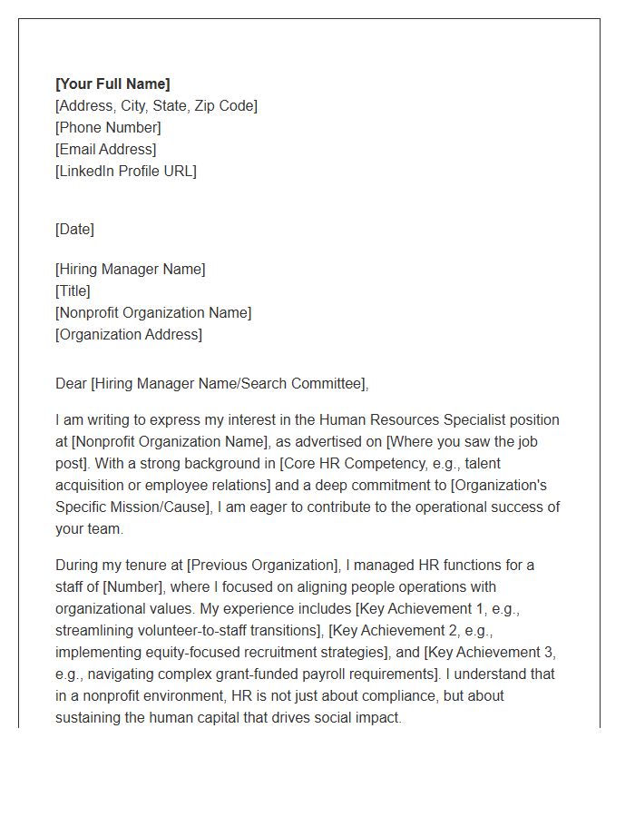 Nonprofit Human Resources Specialist Cover Letter Template
