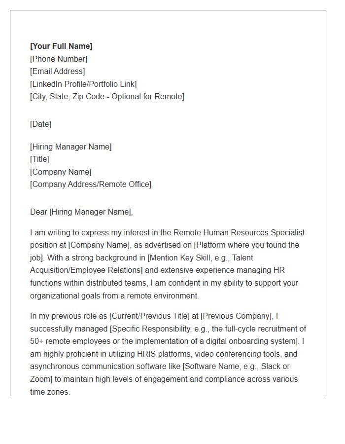 Remote Human Resources Specialist Cover Letter Template