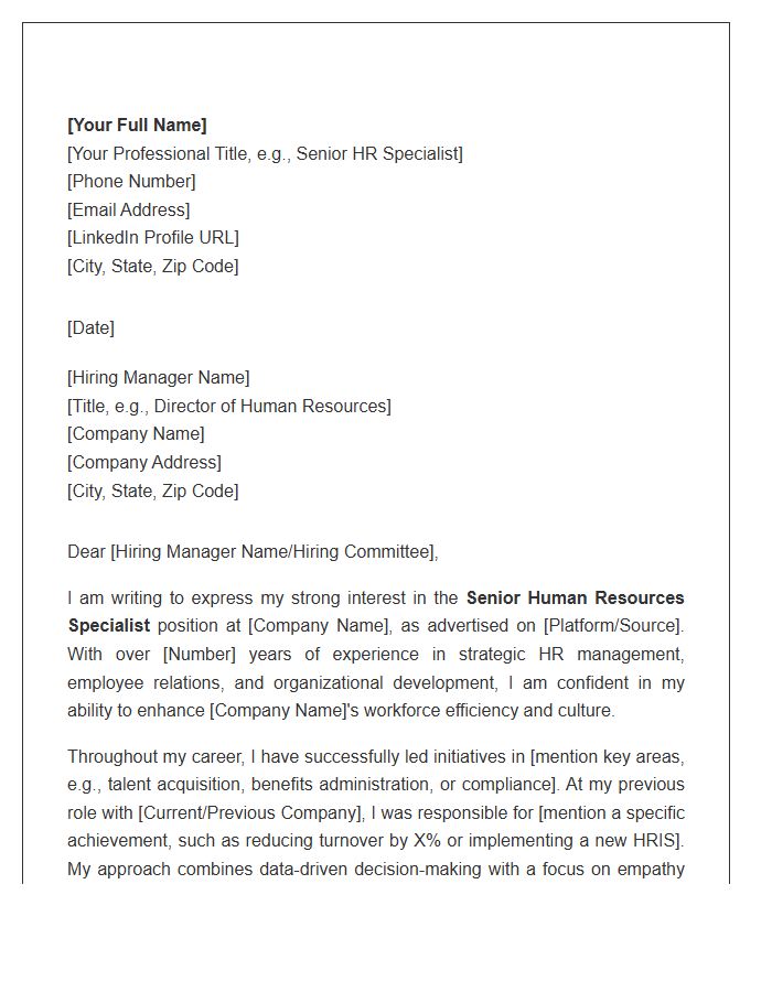 Senior Human Resources Specialist Cover Letter Template