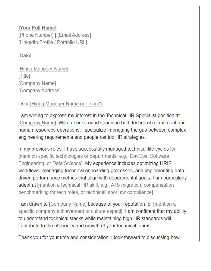 Technical Human Resources Specialist Cover Letter Template