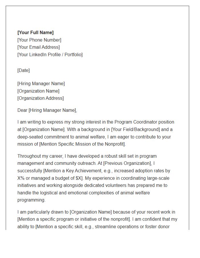 Non Profit Animal Welfare Program Coordinator Cover Letter Template