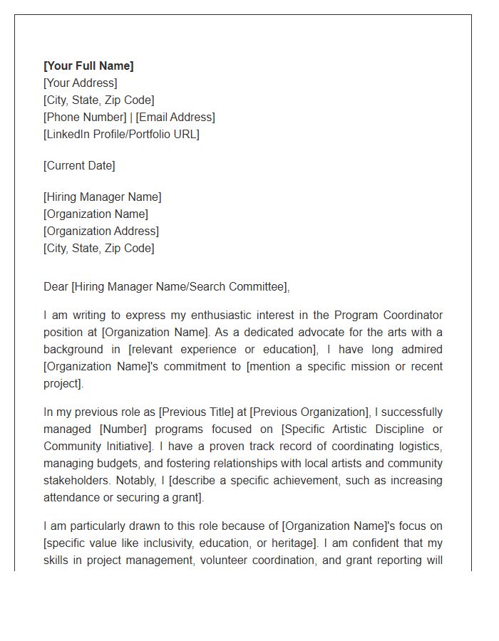Non Profit Arts And Culture Program Coordinator Cover Letter Template