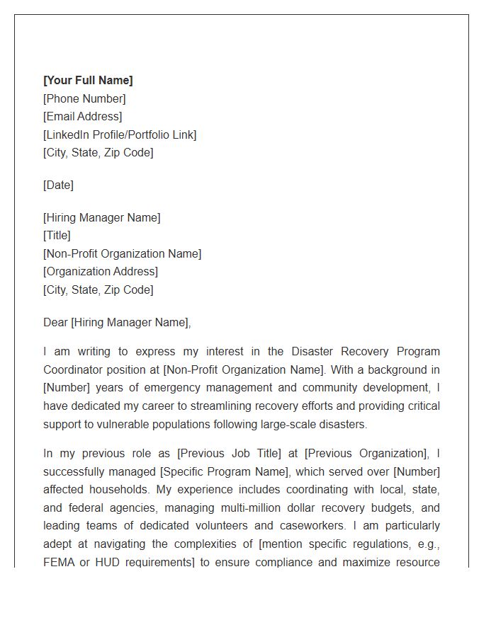 Non Profit Disaster Recovery Program Coordinator Cover Letter Template