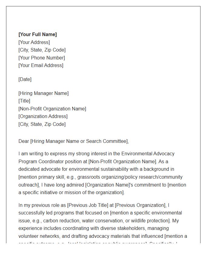 Non Profit Environmental Advocacy Program Coordinator Cover Letter Template
