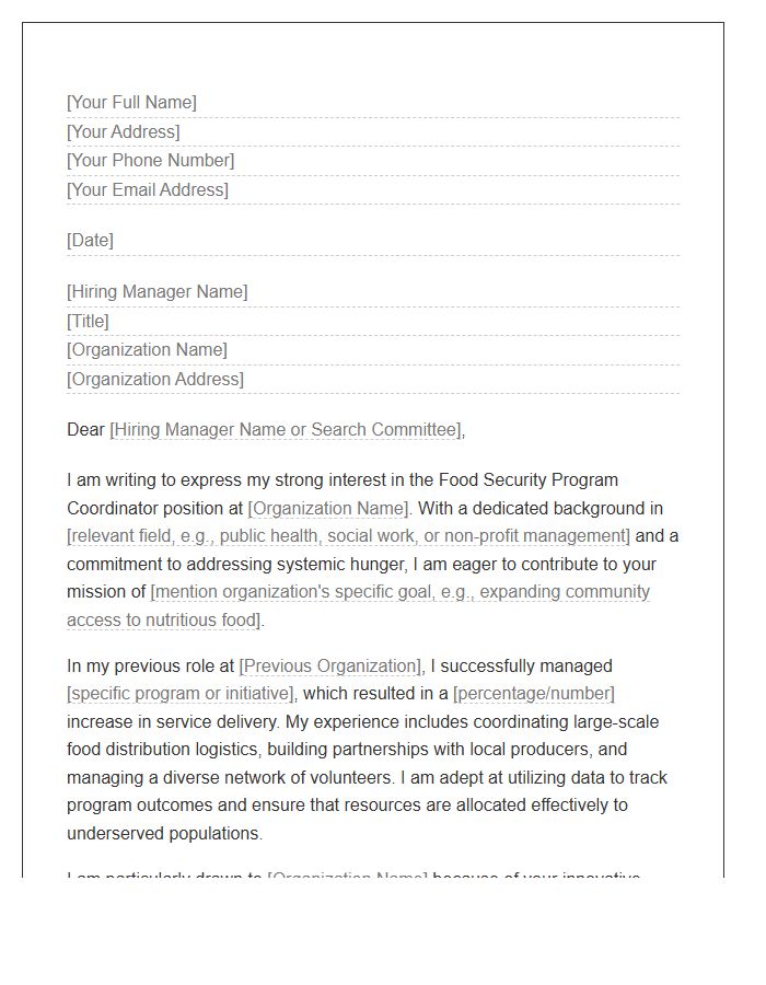 Non Profit Food Security Program Coordinator Cover Letter Template