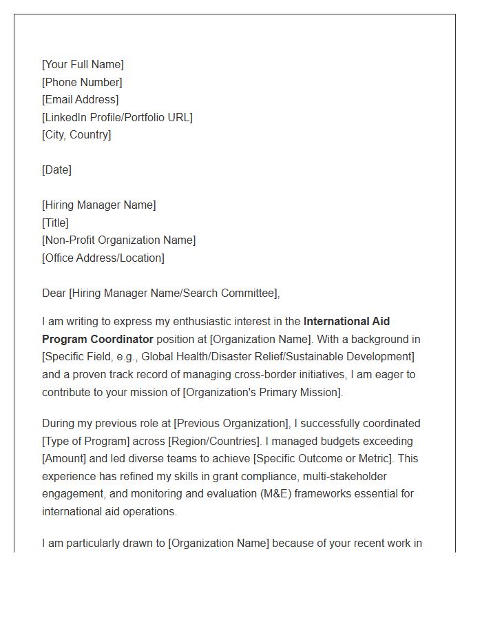 Non Profit International Aid Program Coordinator Cover Letter Template