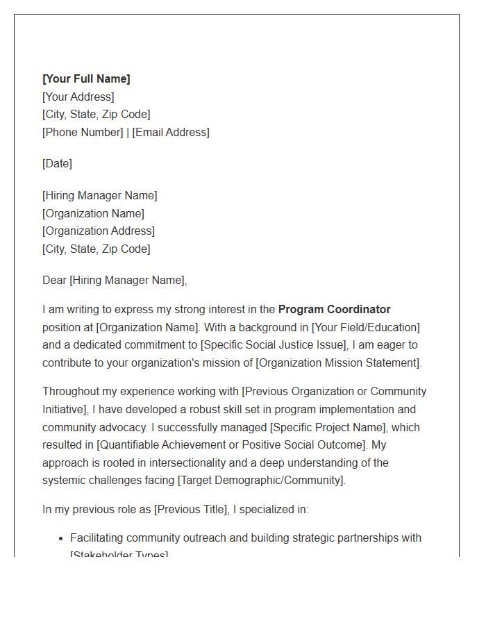 Non Profit Social Justice Program Coordinator Cover Letter Template