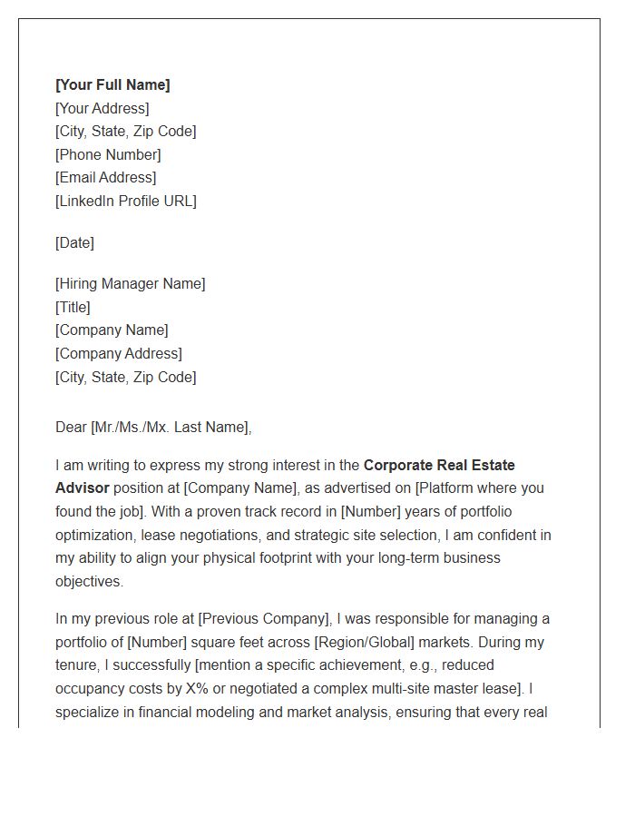 Corporate Real Estate Advisor Career Cover Letter Template
