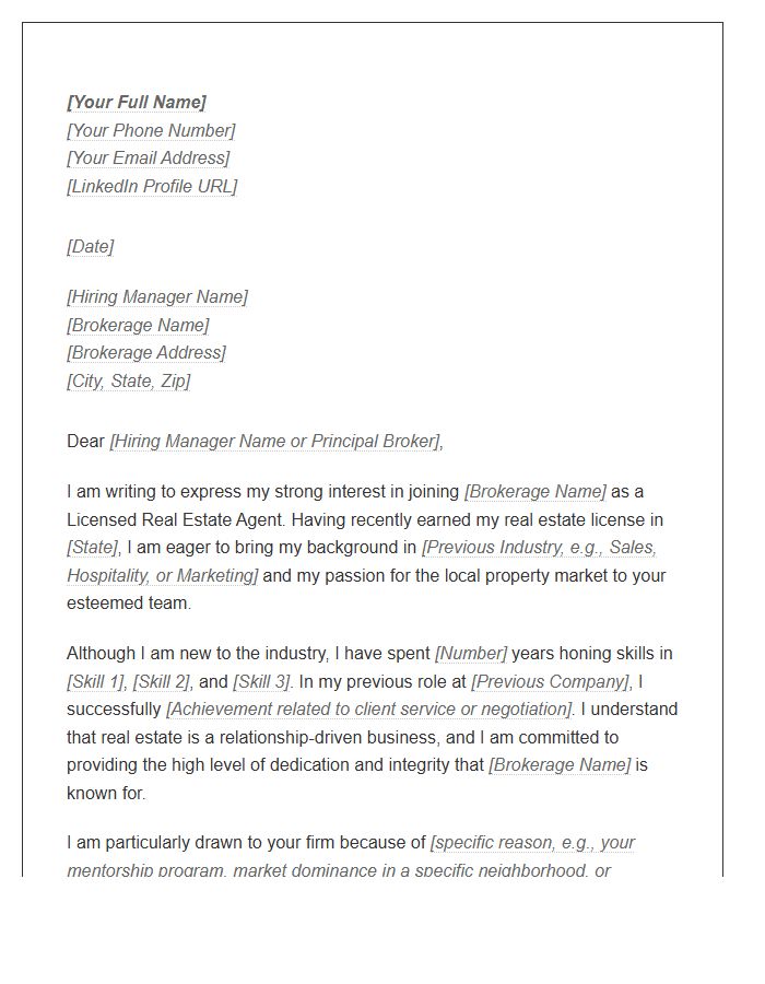 First Time Real Estate Agent Career Cover Letter Template