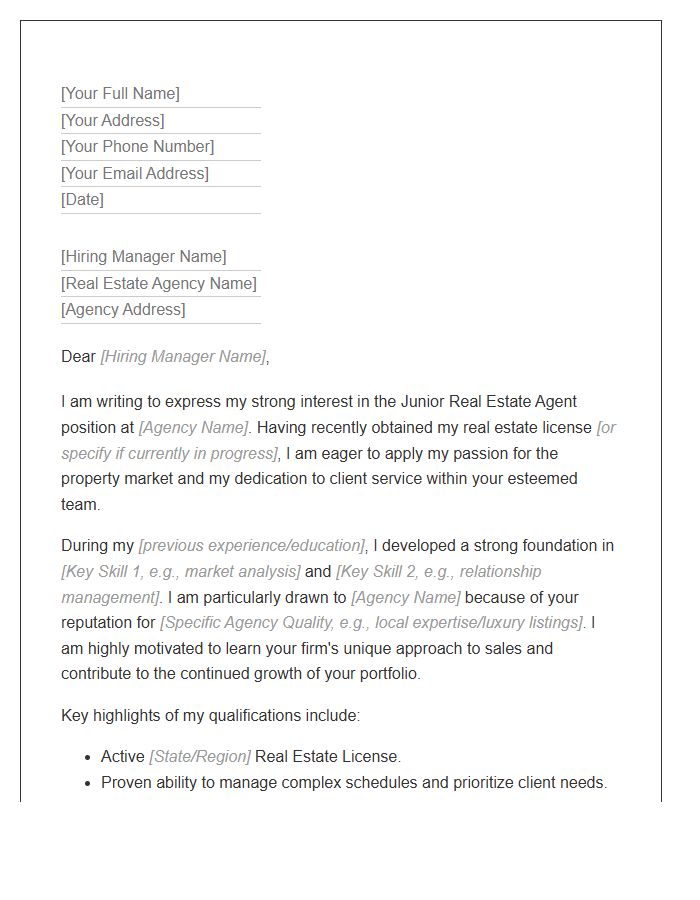 Junior Real Estate Agent Career Cover Letter Template