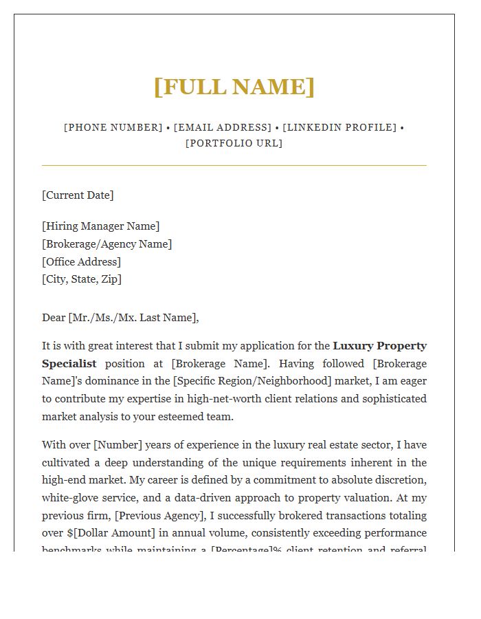 Luxury Property Specialist Career Cover Letter Template