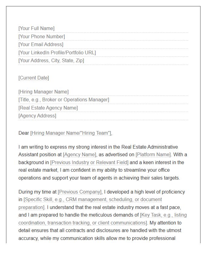 Real Estate Administrative Assistant Career Cover Letter Template
