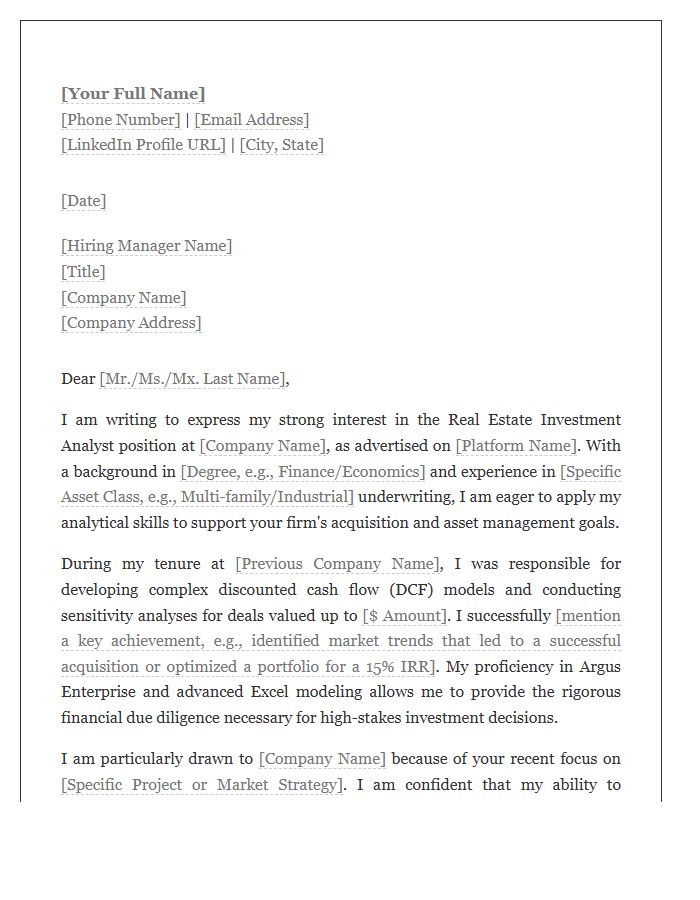 Real Estate Investment Analyst Career Cover Letter Template