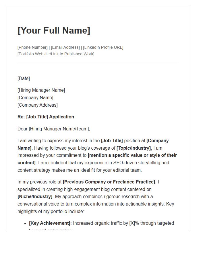 Blog Content Writer Portfolio Cover Letter Template