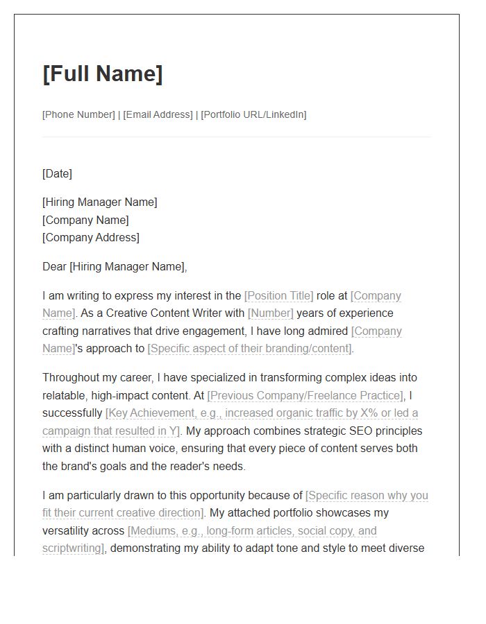 Creative Content Writer Portfolio Cover Letter Template