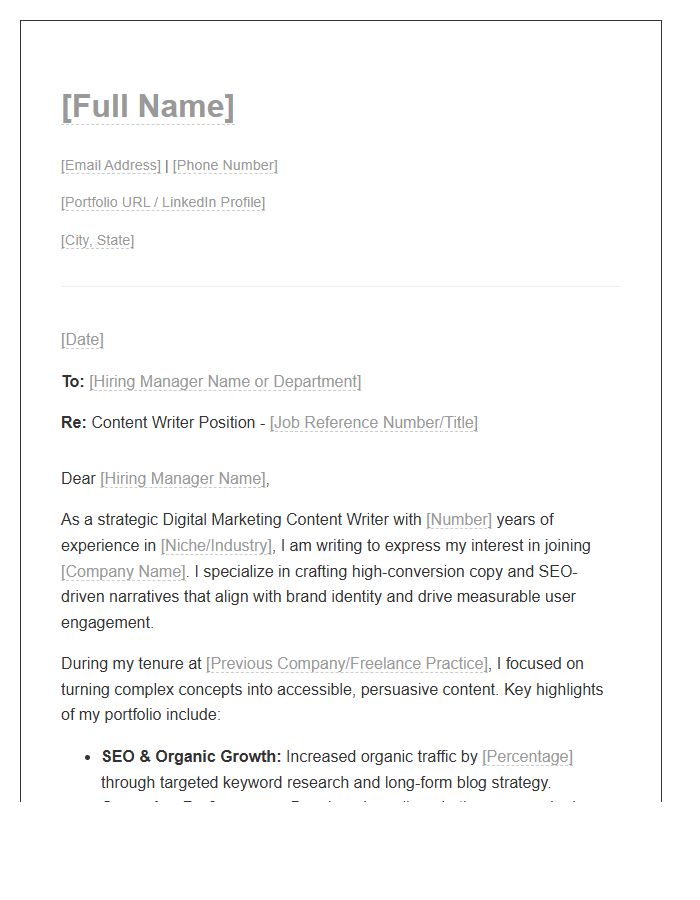 Digital Marketing Content Writer Portfolio Cover Letter Template
