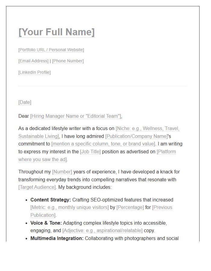 Lifestyle Content Writer Portfolio Cover Letter Template