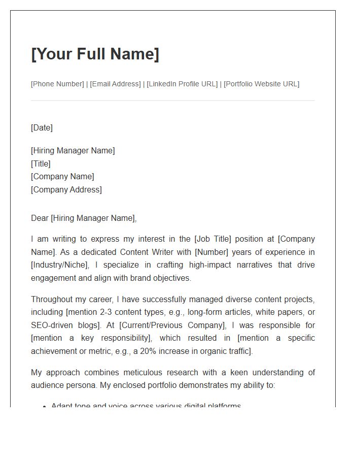 Professional Content Writer Portfolio Cover Letter Template