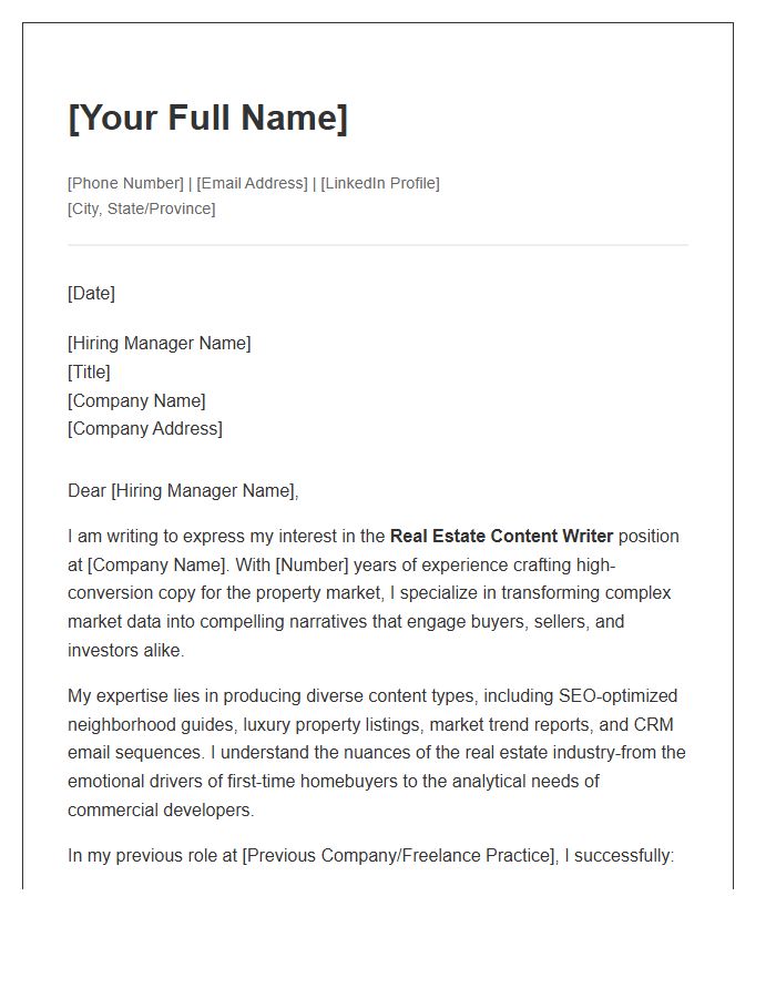 Real Estate Content Writer Portfolio Cover Letter Template