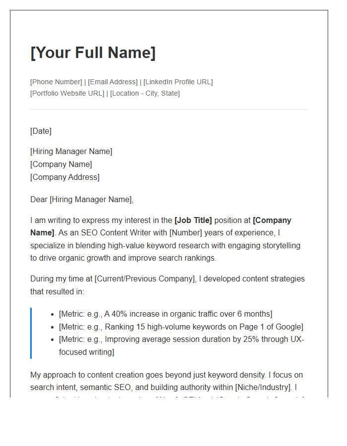SEO Content Writer Portfolio Cover Letter Template