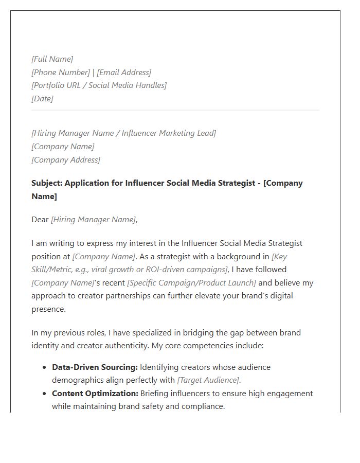 Influencer Social Media Strategy Cover Letter Template
