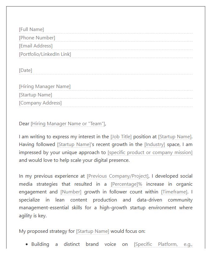 Startup Social Media Strategy Cover Letter Template