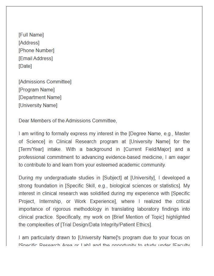 Clinical Research Graduate Program Admission Cover Letter Template