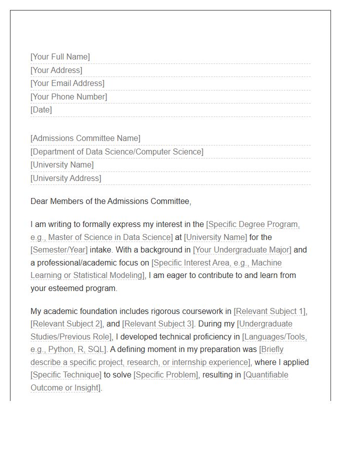 Data Science Graduate School Admission Cover Letter Template