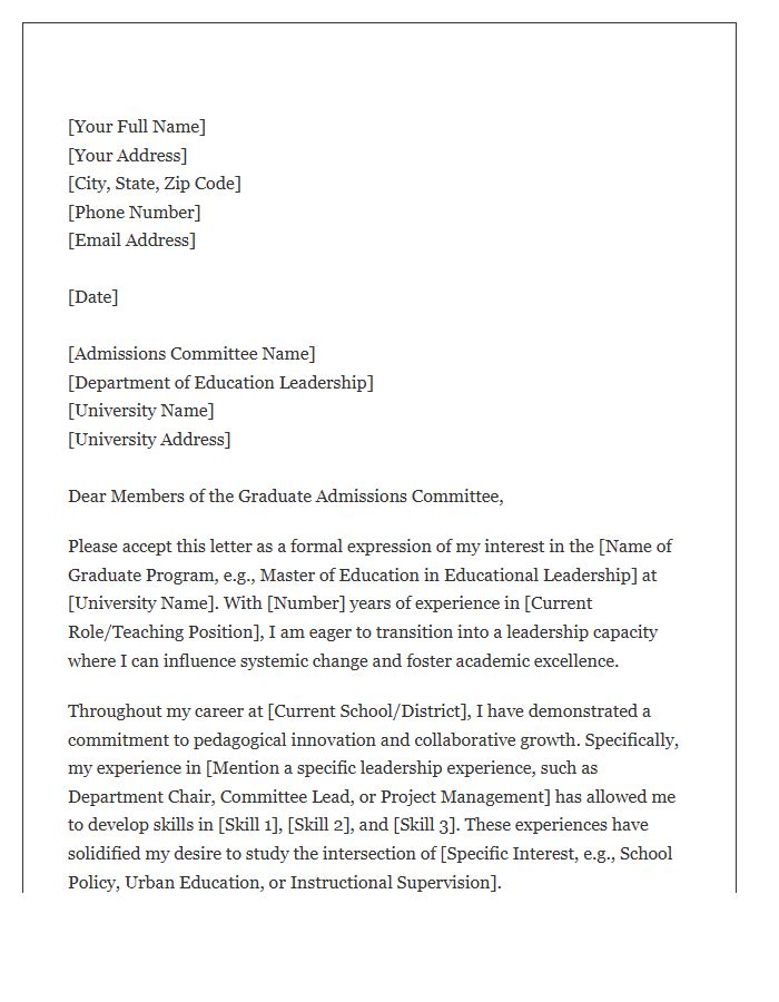 Education Leadership Graduate Admission Cover Letter Template