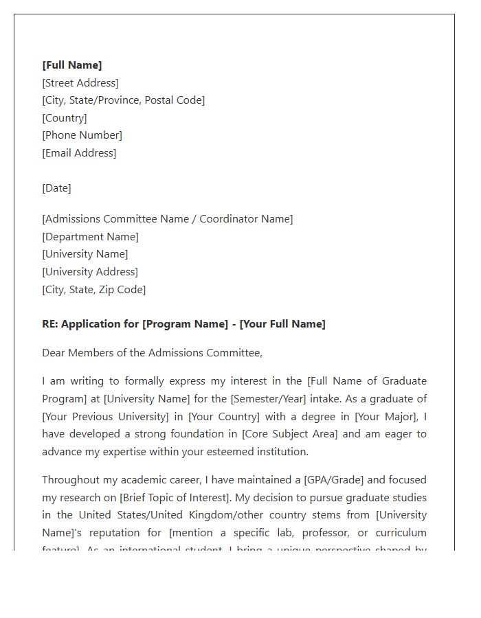 International Student Graduate Admission Cover Letter Template