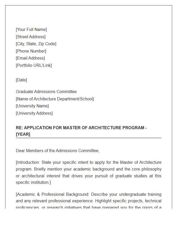Master Of Architecture Program Admission Cover Letter Template