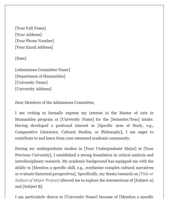Master Of Arts Humanities Admission Cover Letter Template