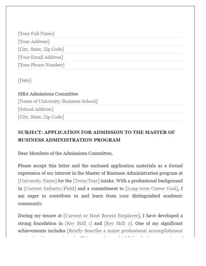 Master Of Business Administration Admission Cover Letter Template