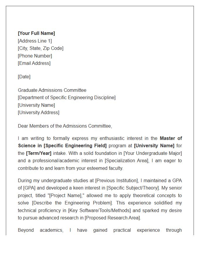 Master Of Science In Engineering Admission Cover Letter Template