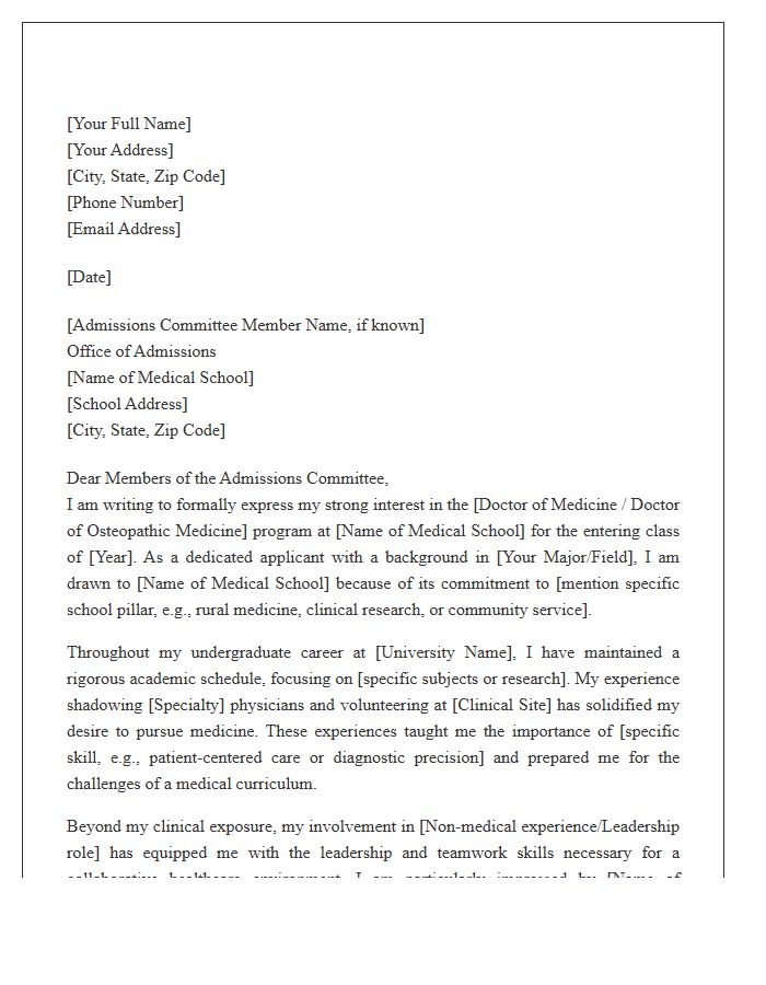 Medical School Application Admission Cover Letter Template