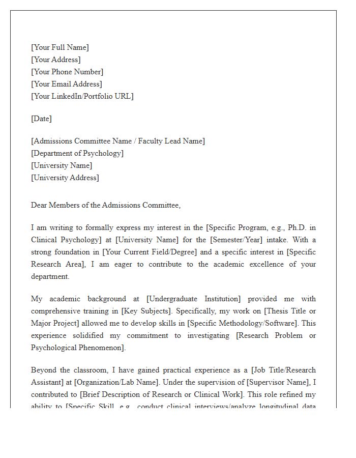 Psychology Graduate School Admission Cover Letter Template