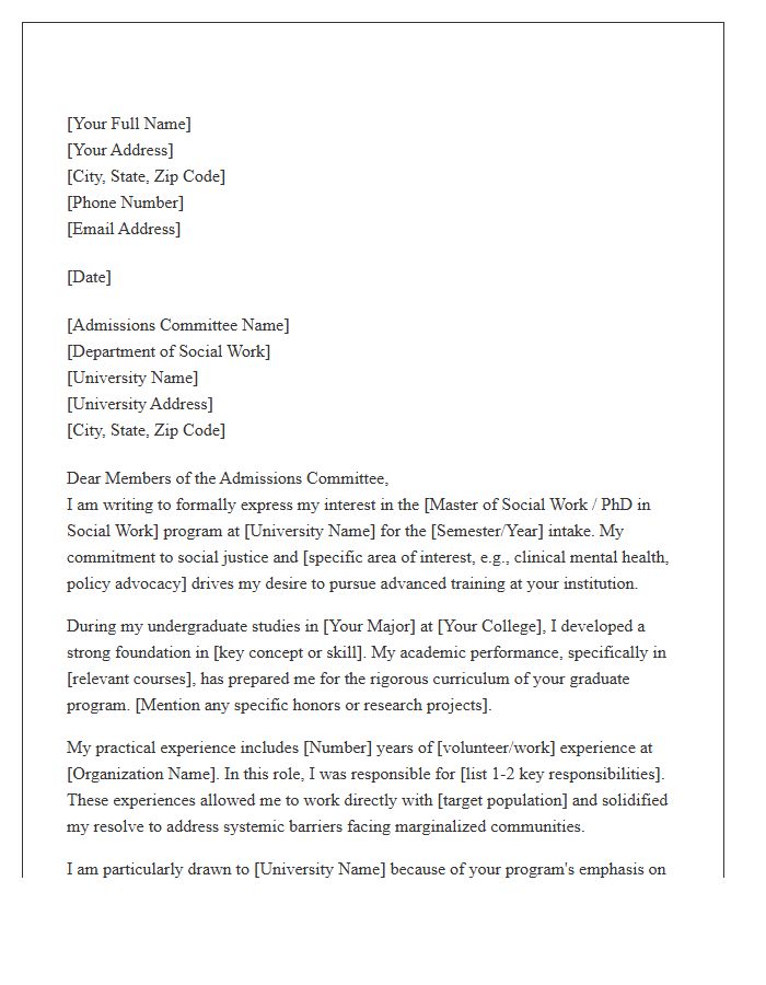 Social Work Graduate Program Admission Cover Letter Template