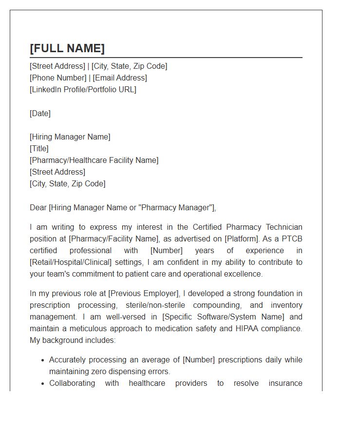 Certified Pharmacy Technician Professional Cover Letter Template