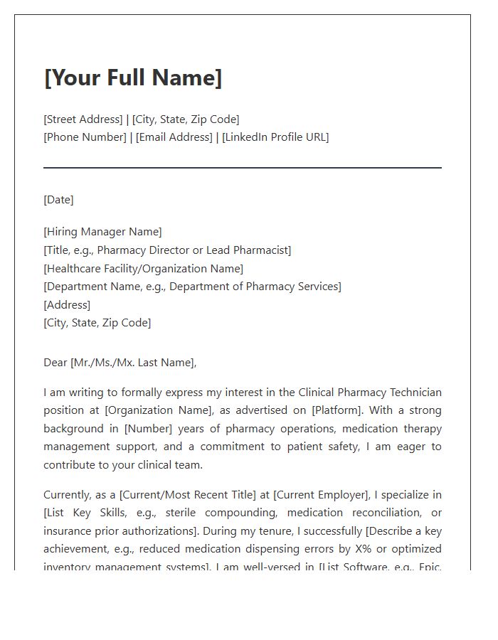 Clinical Pharmacy Technician Professional Cover Letter Template