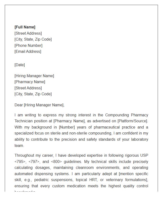 Compounding Pharmacy Technician Professional Cover Letter Template