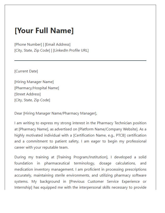 Entry Level Pharmacy Technician Professional Cover Letter Template