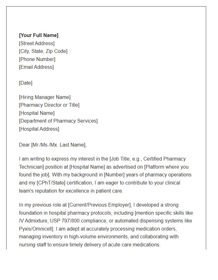 Hospital Pharmacy Technician Professional Cover Letter Template