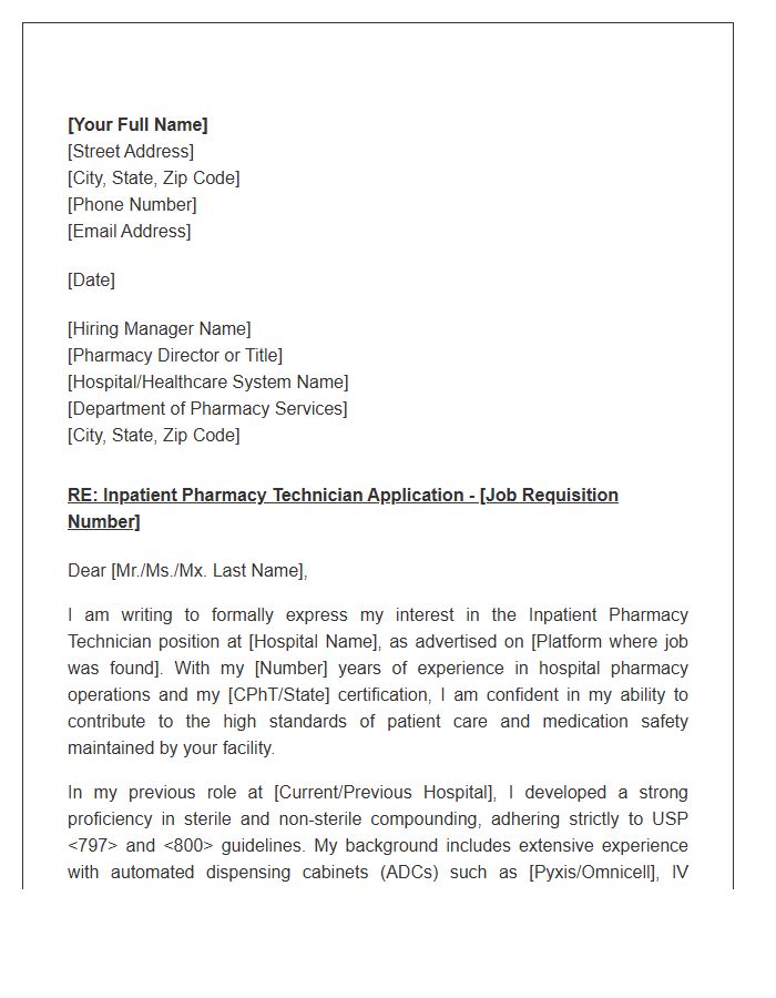 Inpatient Pharmacy Technician Professional Cover Letter Template