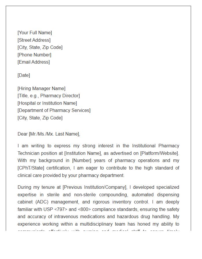 Institutional Pharmacy Technician Professional Cover Letter Template