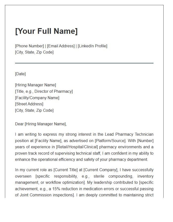 Lead Pharmacy Technician Professional Cover Letter Template